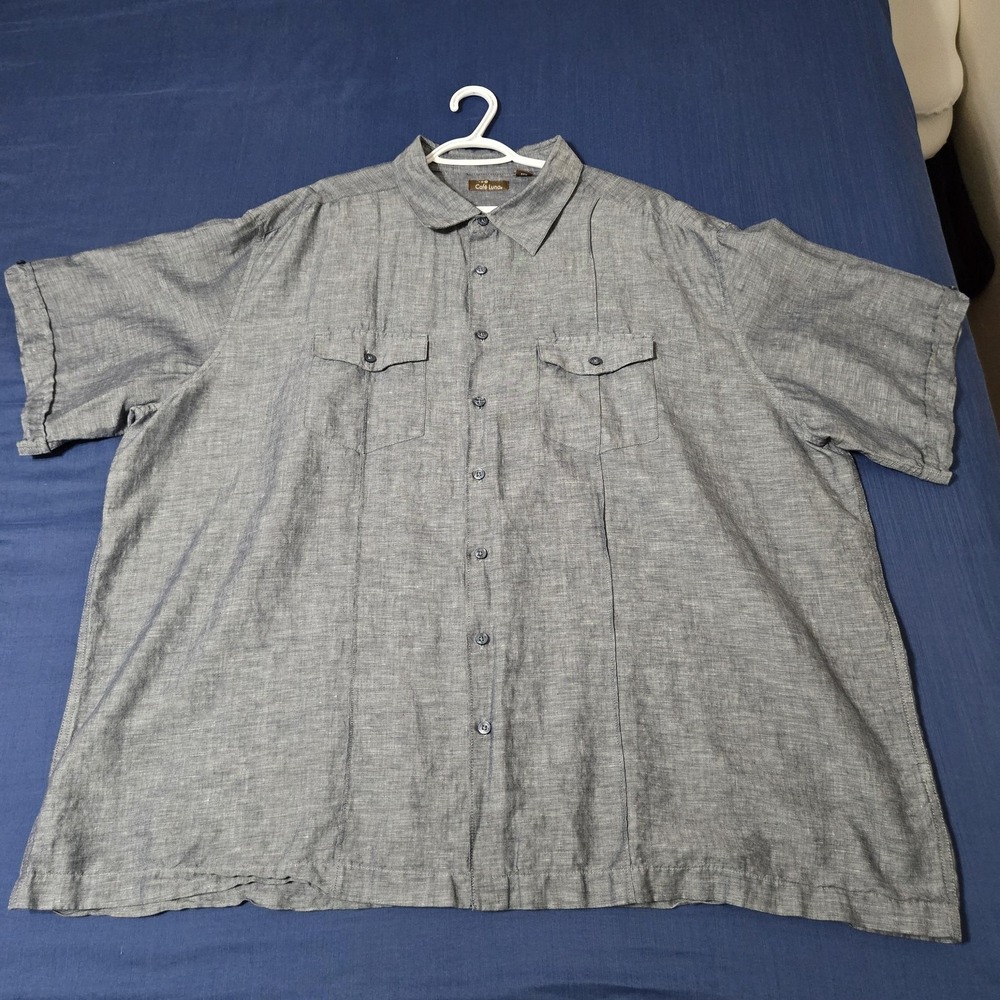 Café Luna Shirt‎ Mens 3XL Gray Linen Cotton Short Sleeve Button Up Casual Summer